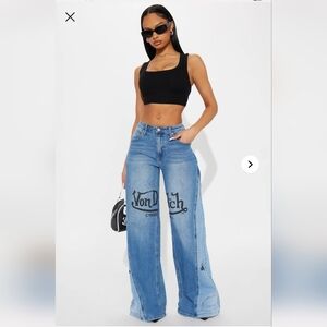 Von Dutch Light Blue Wide Leg Jeans with Black Logo Medim Wash Size 3 BNWT🏷